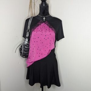Black and Pink Polka Dot Dress with Lace Detail